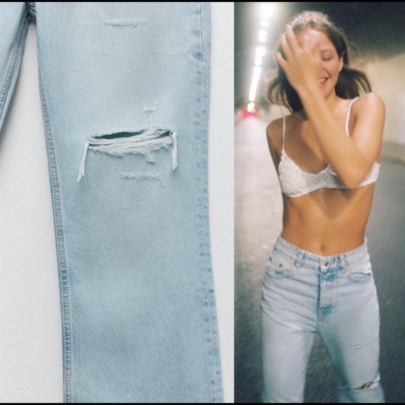 Zara High Rise Cropped Rip Flare Denim Jeans Light Blue - Picture 3 of 12